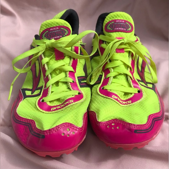 Brooks PR Series Neon Green and Pink Mid Distance Running Spikes - 9.5 - Picture 5 of 14